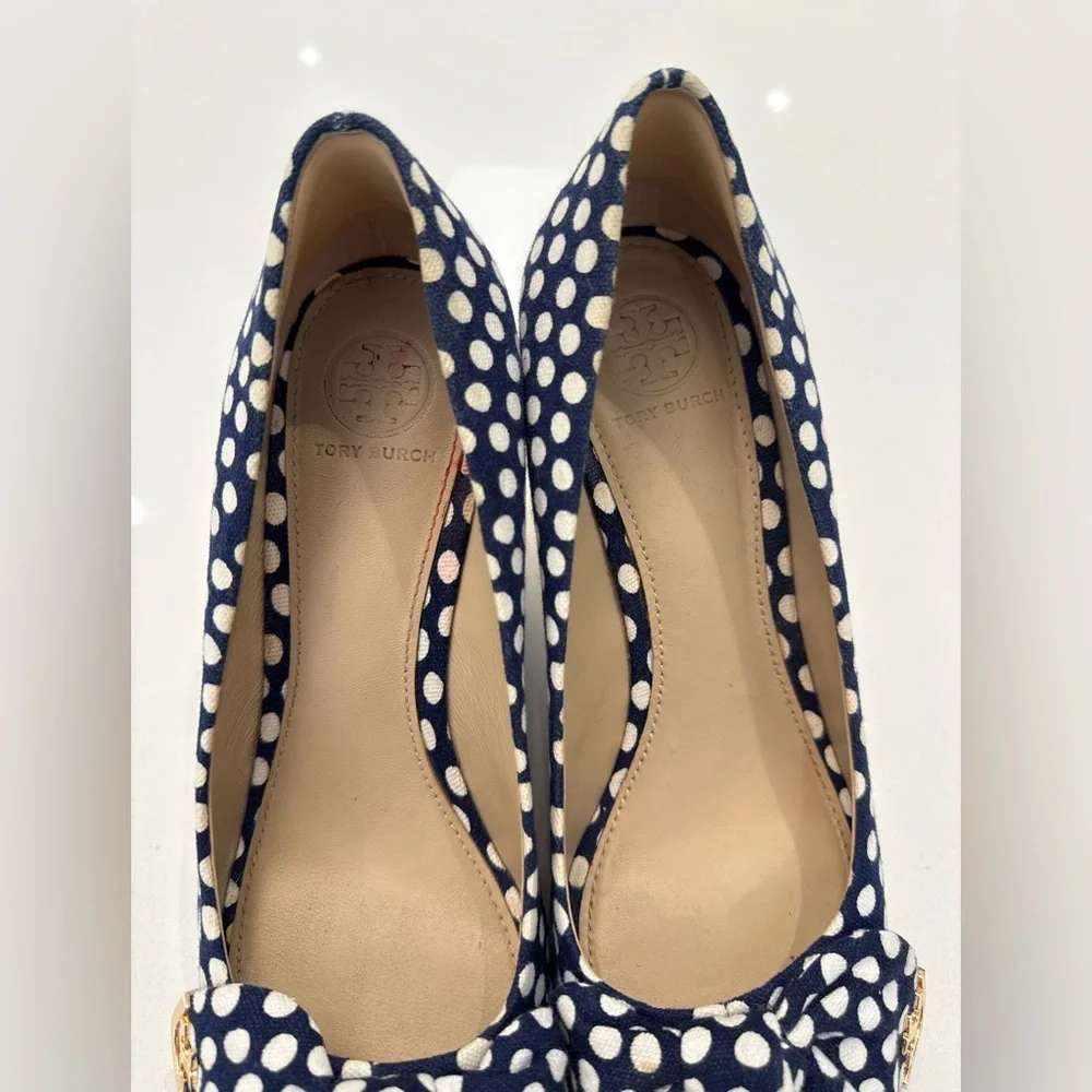 Tory Burch Dory 85MM Peep Toe Espadrille-Polka Dot Canvas, Size 7.5, GENTLY WORN